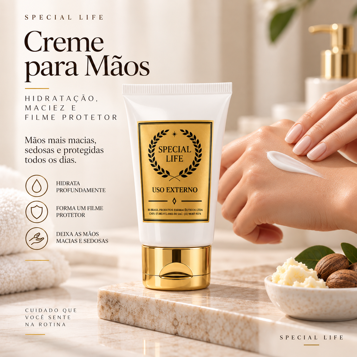 Creme para Mãos Hidratante com Ácido Hialurônico, Ureia e Vitamina E | Special Life