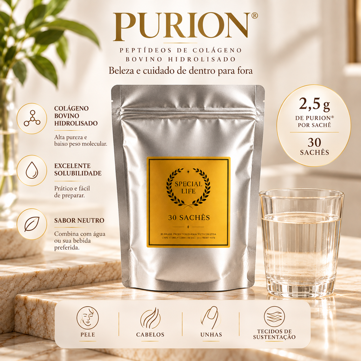 PURION® Colágeno Hidrolisado Bovino 2,5g – 30 Sachês