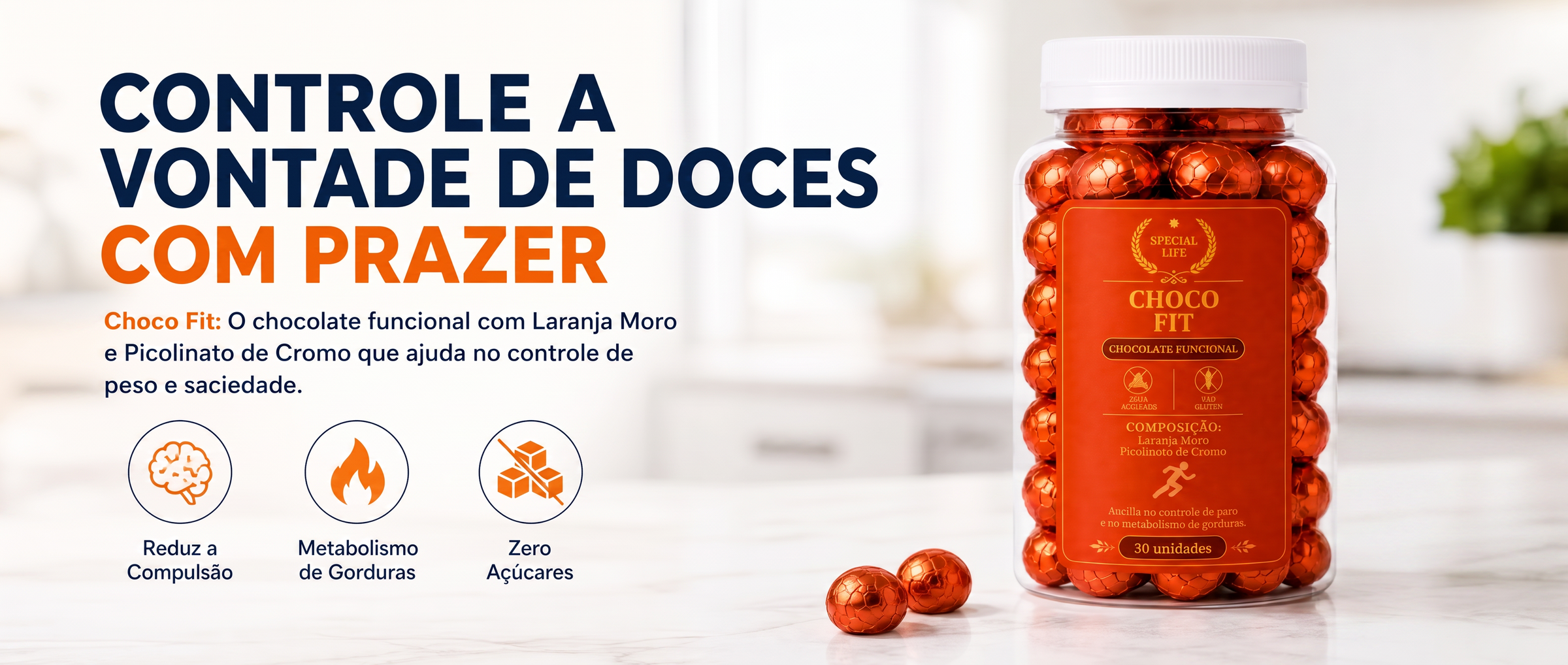 Chocolate funcional para emagrecimento Choco Fit com Laranja Moro e Picolinato de Cromo, auxilia na saciedade, compulsão alimentar e metabolismo.